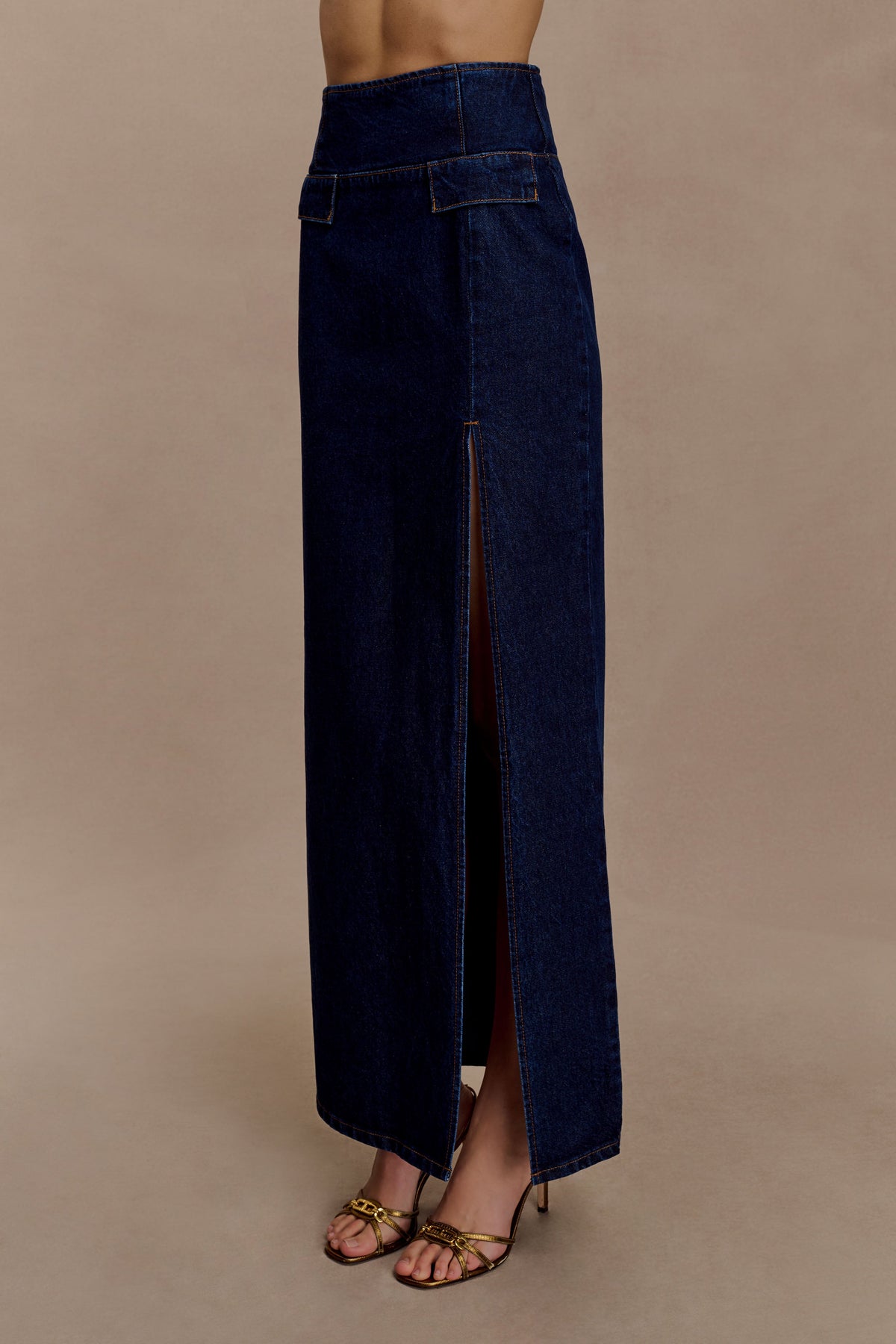 High Rise Denim Maxi Skirt - Indigo Blue