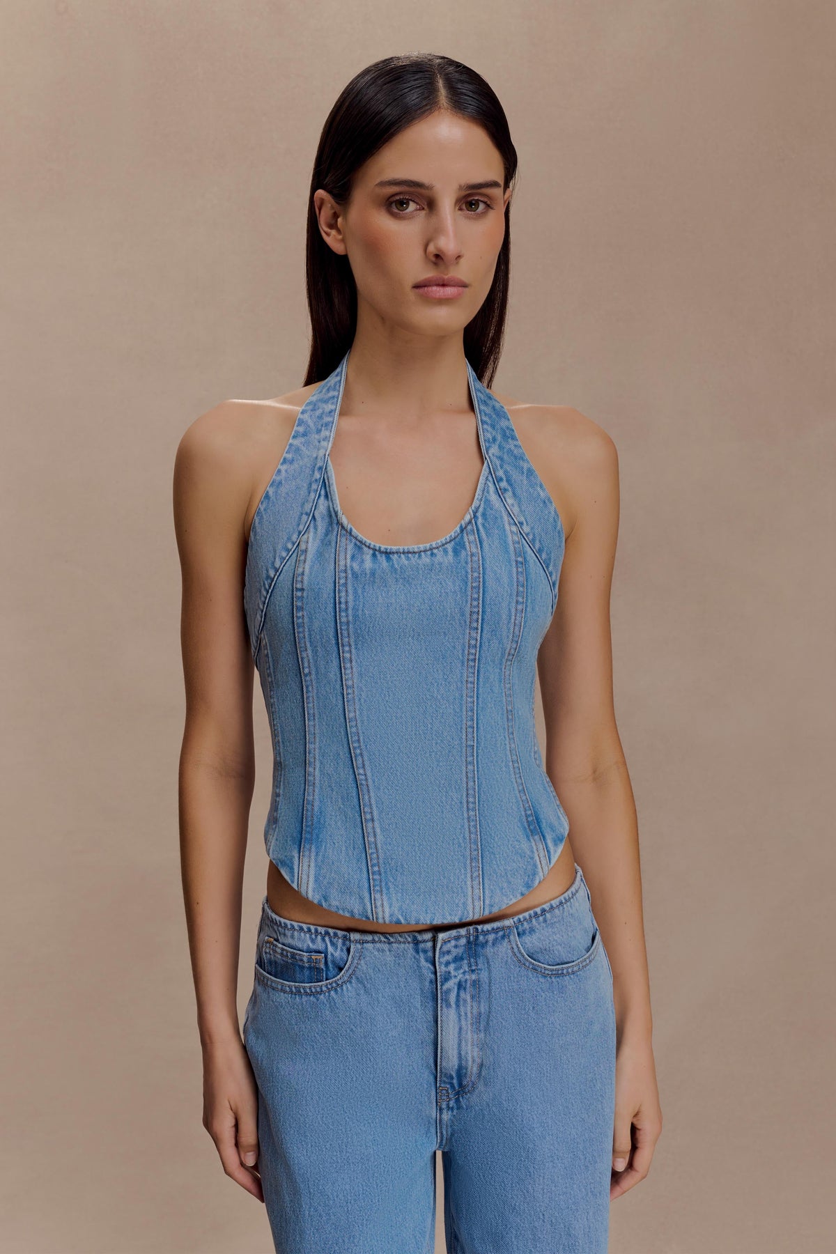 Denim Corset Halter Top - Classic Blue