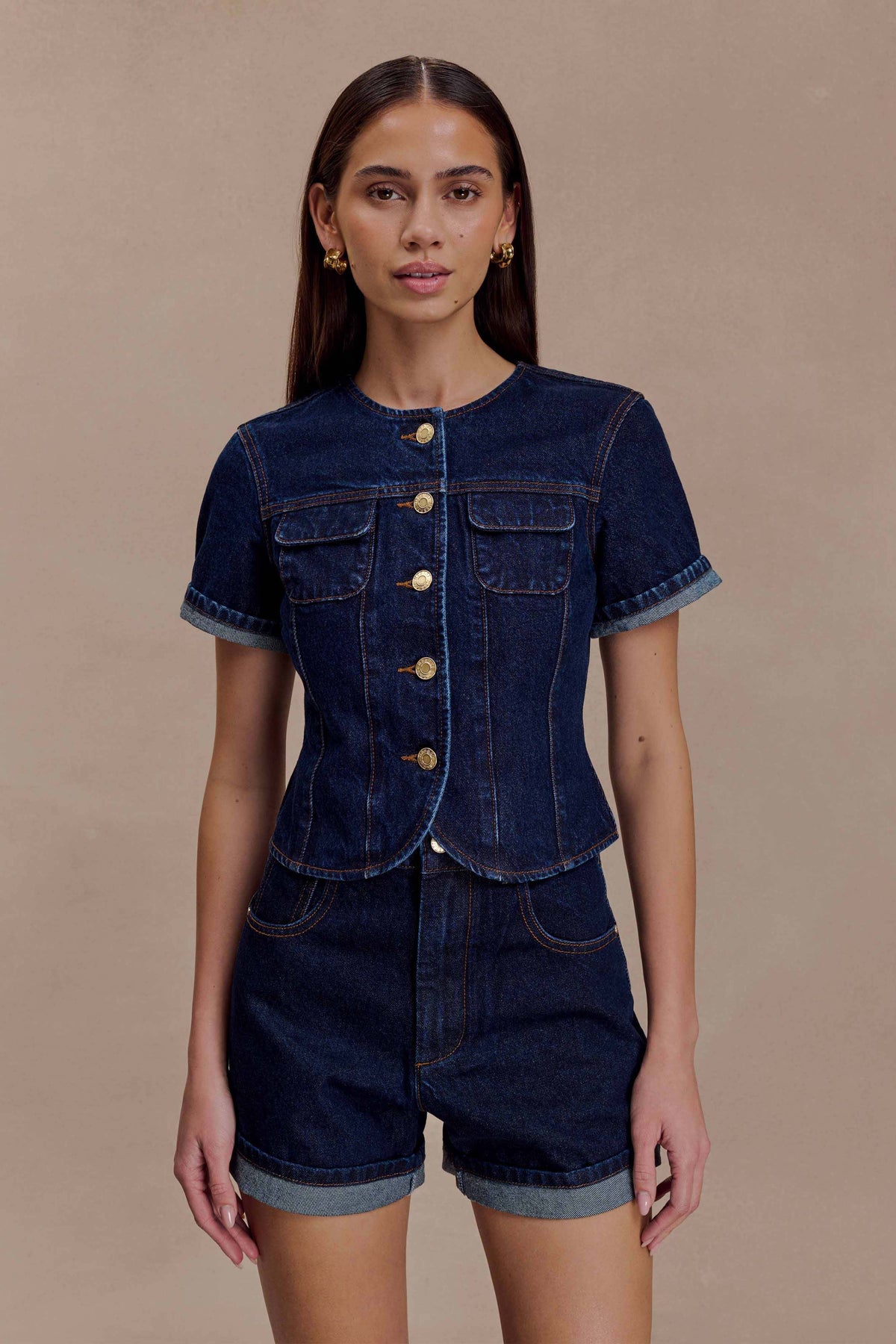 Fitted Denim Short Sleeve Top - Indigo Blue