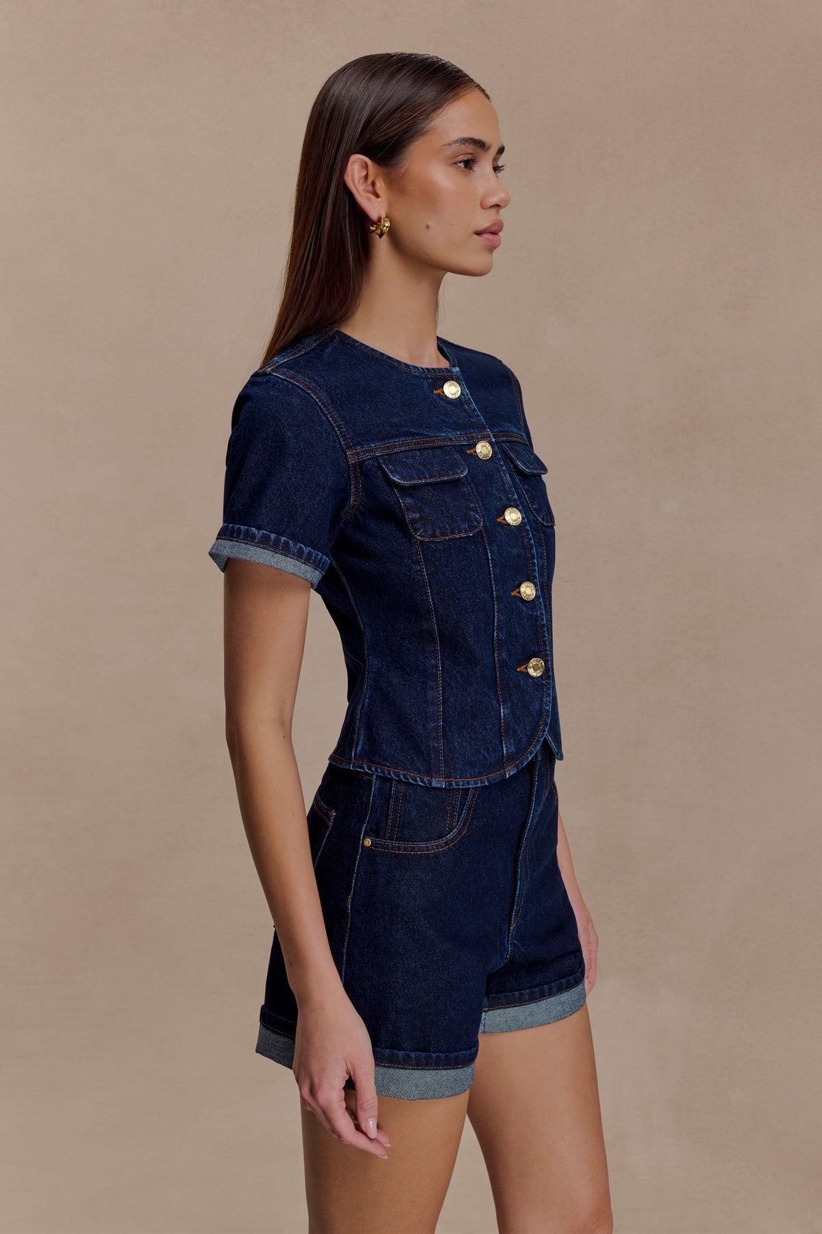 Fitted Denim Short Sleeve Top - Indigo Blue