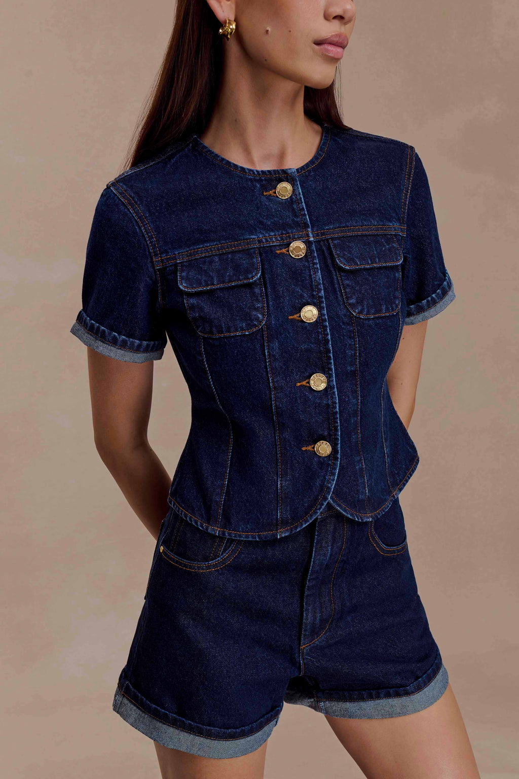 Fitted Denim Short Sleeve Top - Indigo Blue