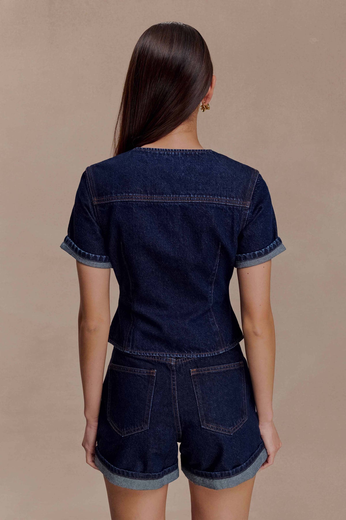 Fitted Denim Short Sleeve Top - Indigo Blue