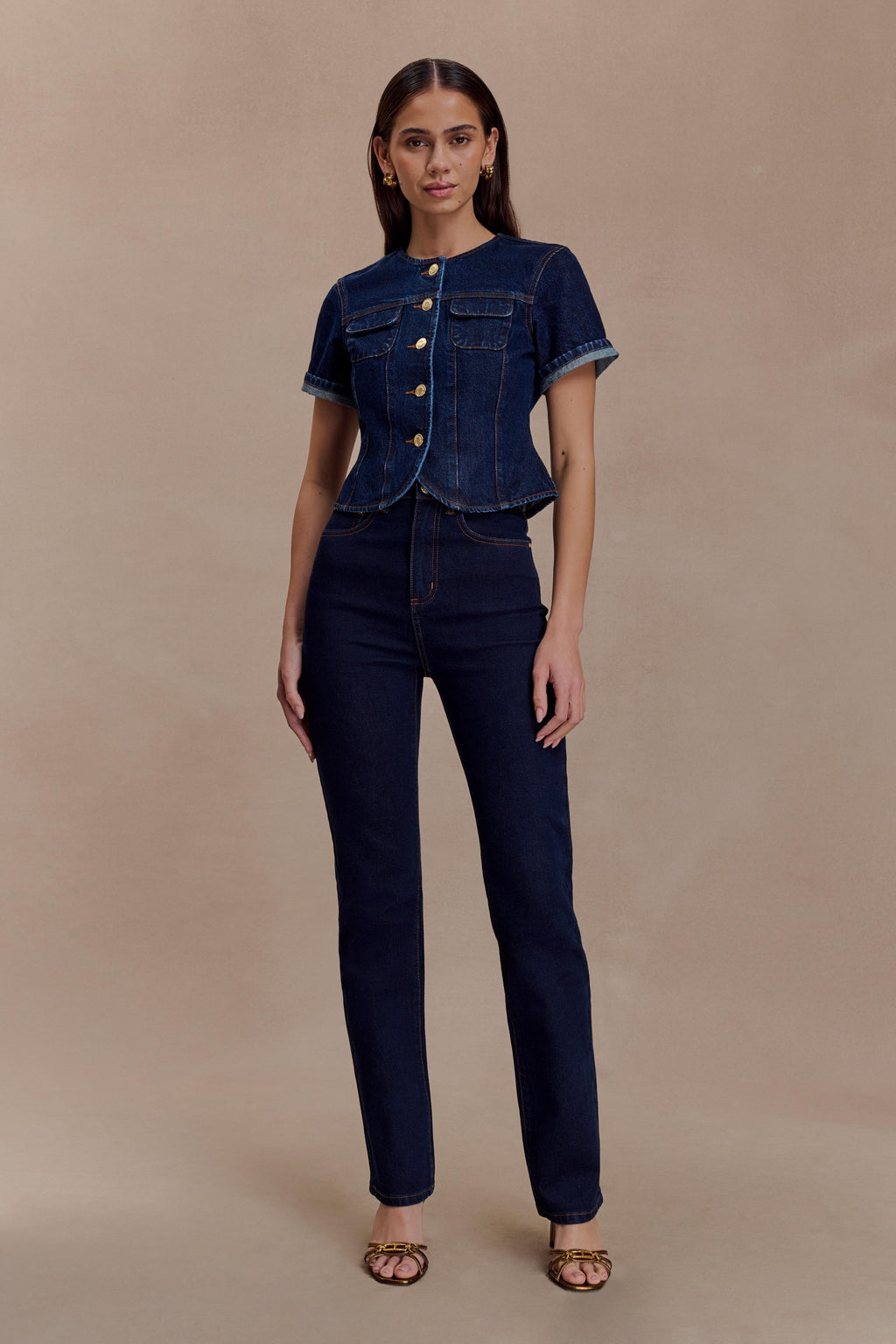 Fitted Denim Short Sleeve Top - Indigo Blue