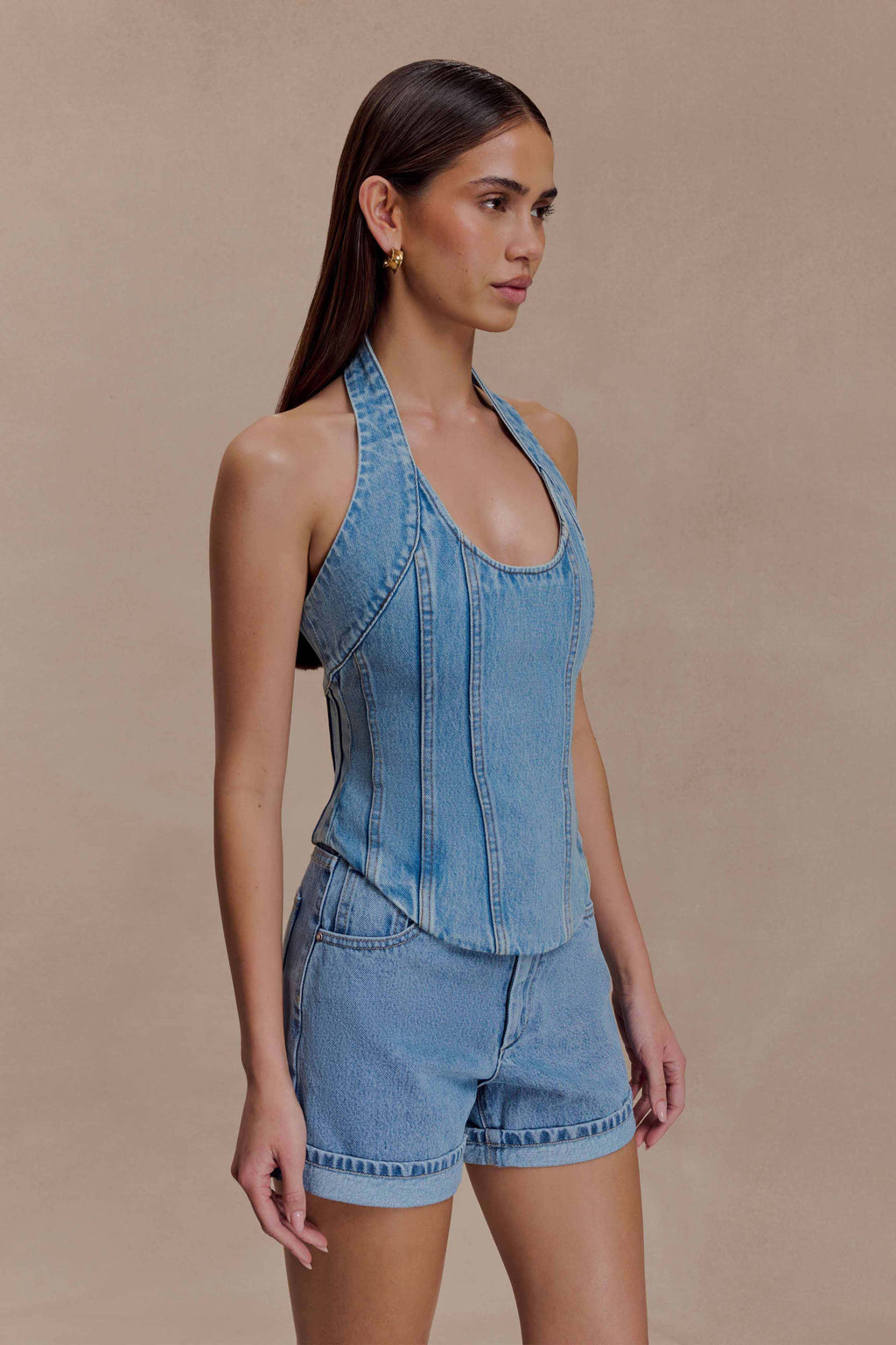 Denim Corset Halter Top - Classic Blue