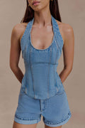 Denim Corset Halter Top - Classic Blue