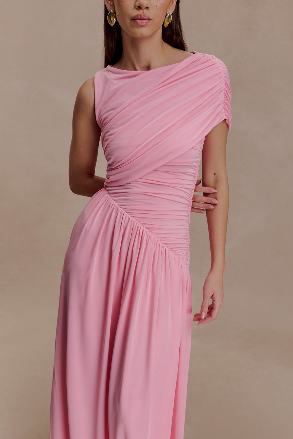 Slinky Asymmetric Maxi Dress - Candy Pink