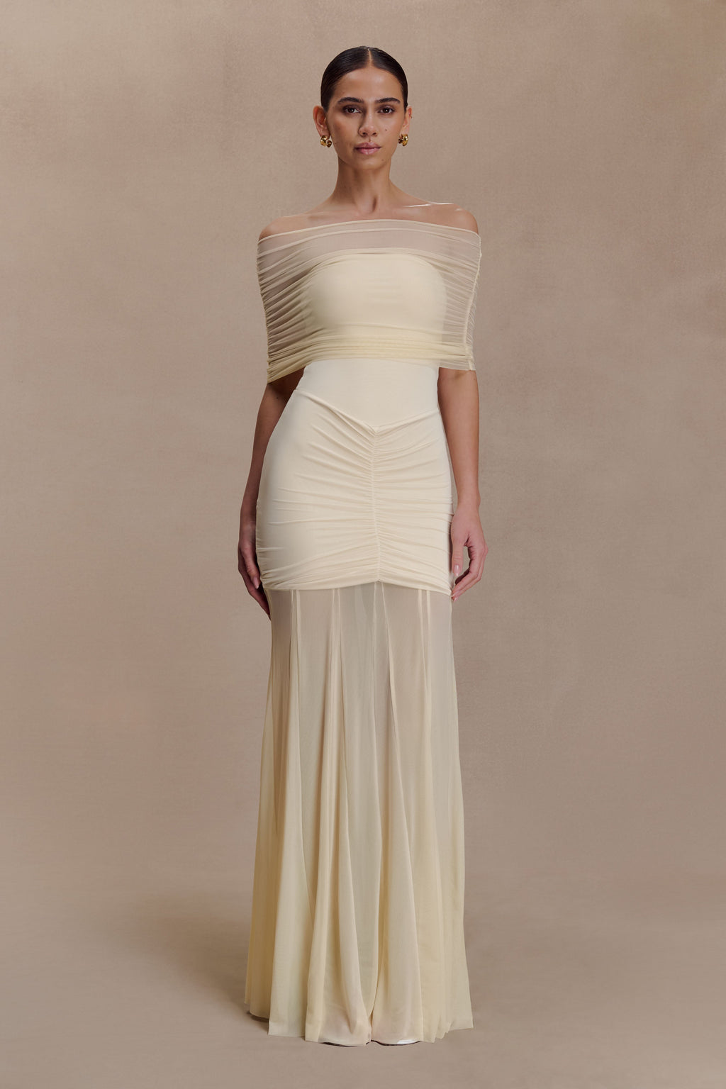 Slinky And Mesh Off Shoulder Maxi Dress - Ivory