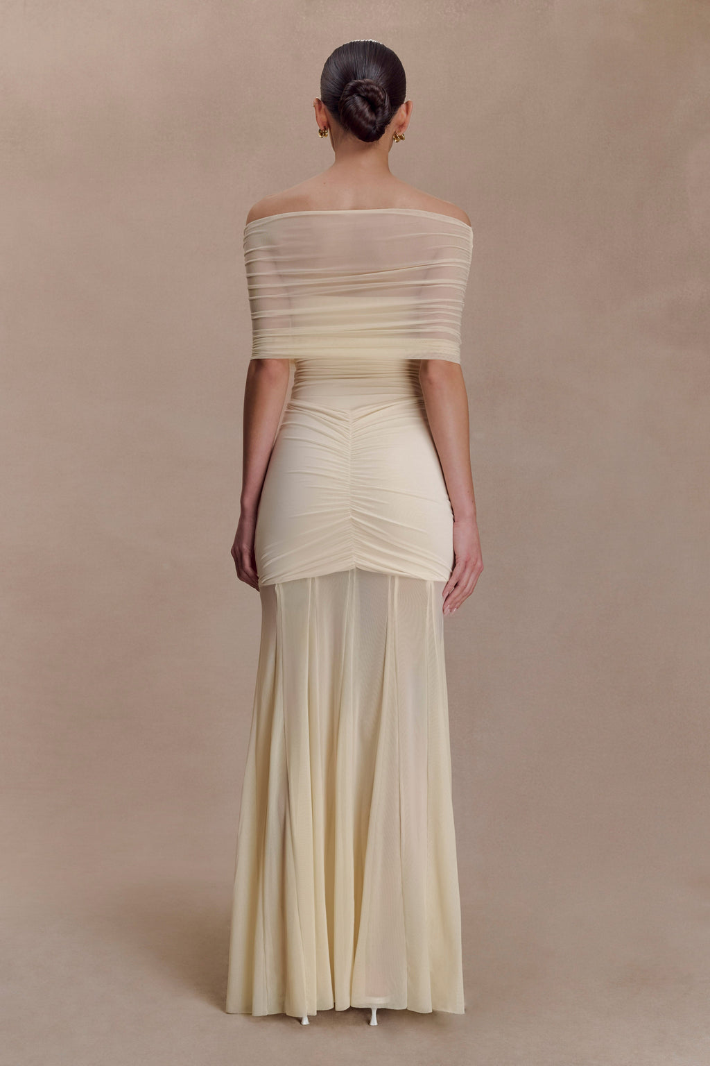 Slinky And Mesh Off Shoulder Maxi Dress - Ivory