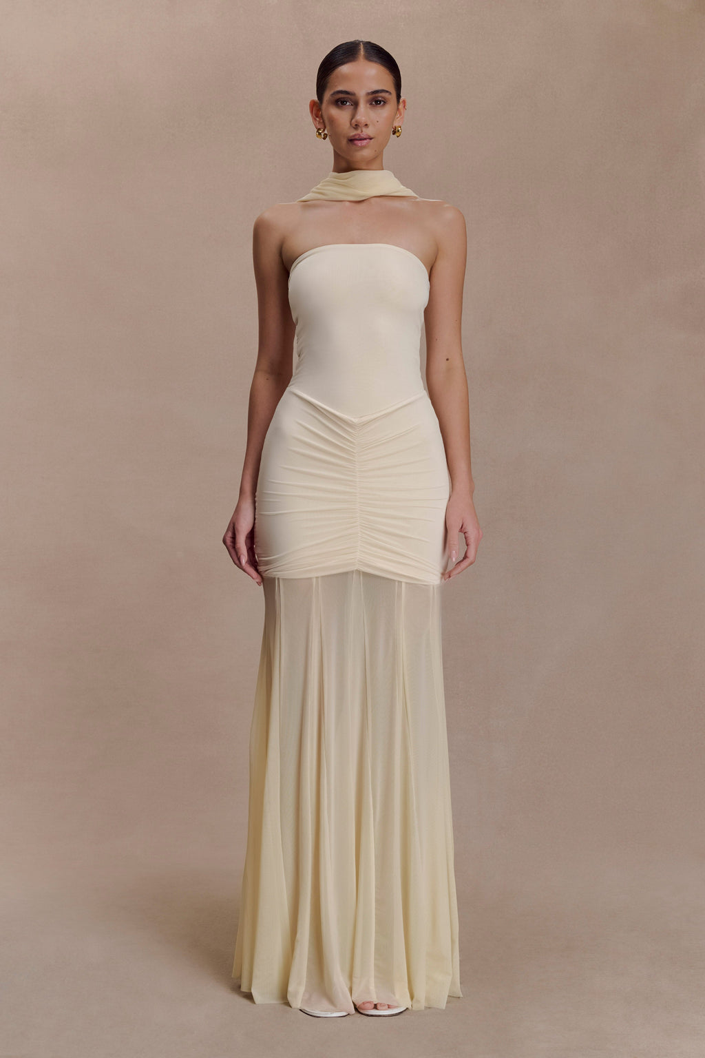 Slinky And Mesh Off Shoulder Maxi Dress - Ivory