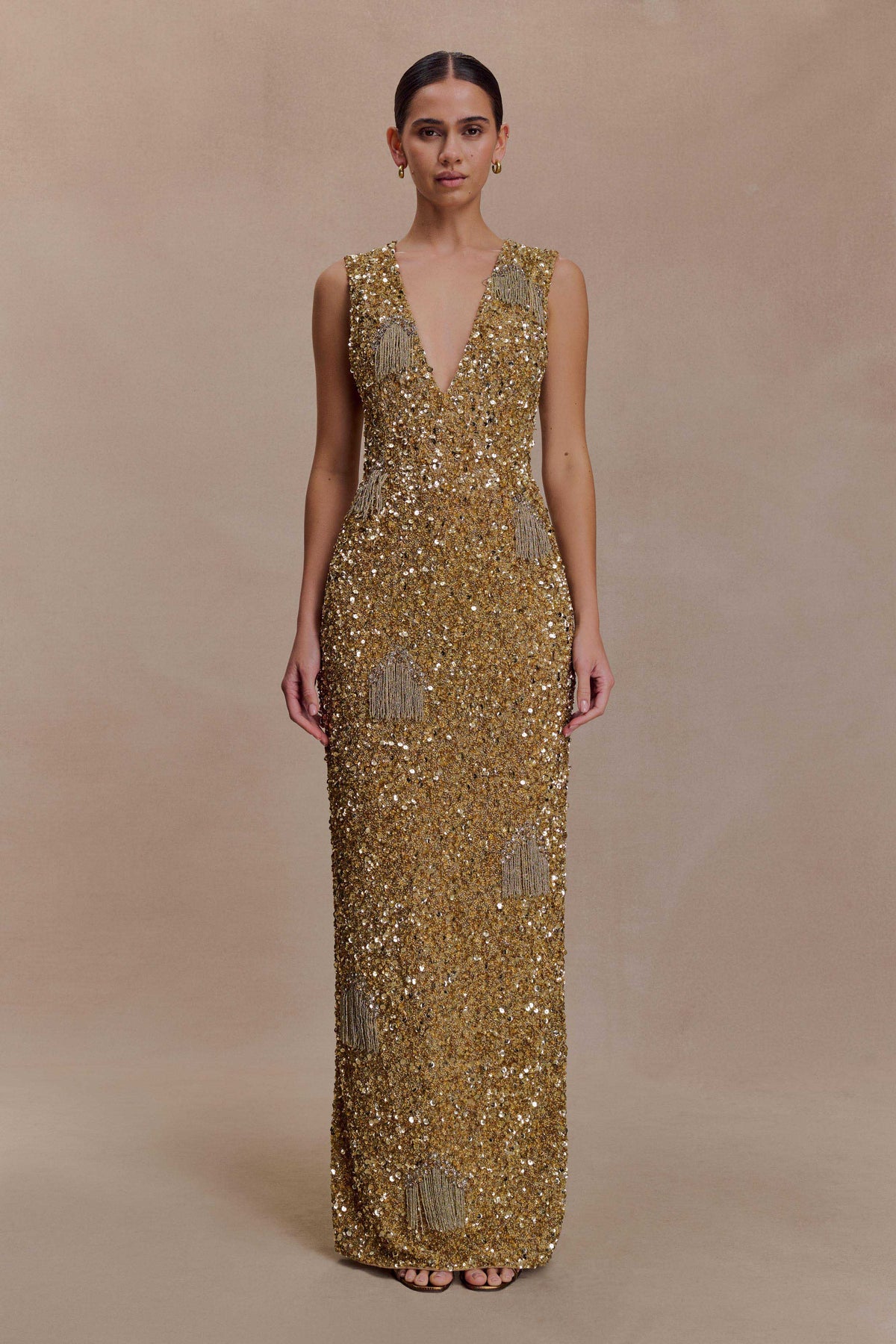 Hand Embellished Maxi Dress - Gold