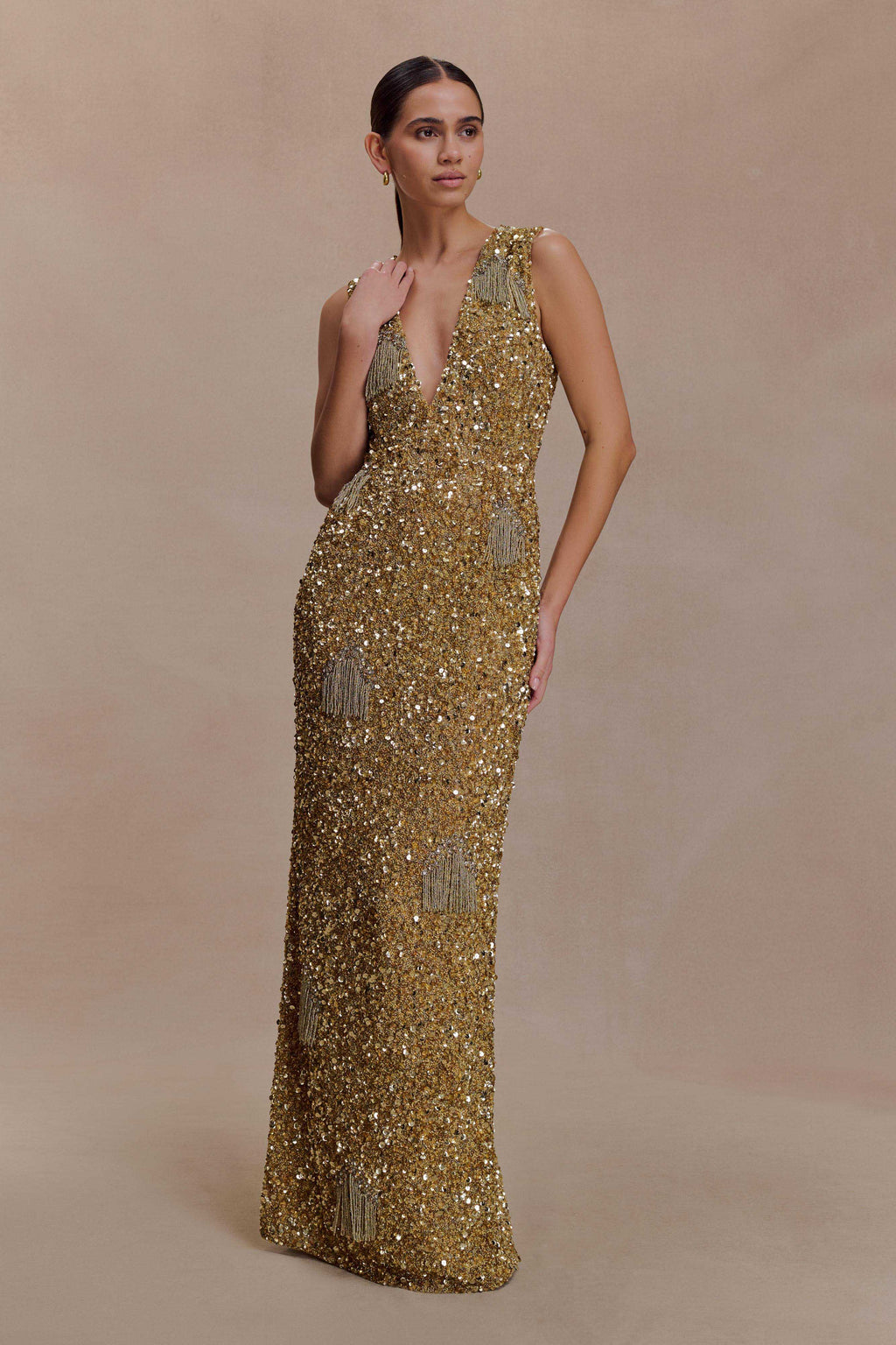 Hand Embellished Maxi Dress - Gold