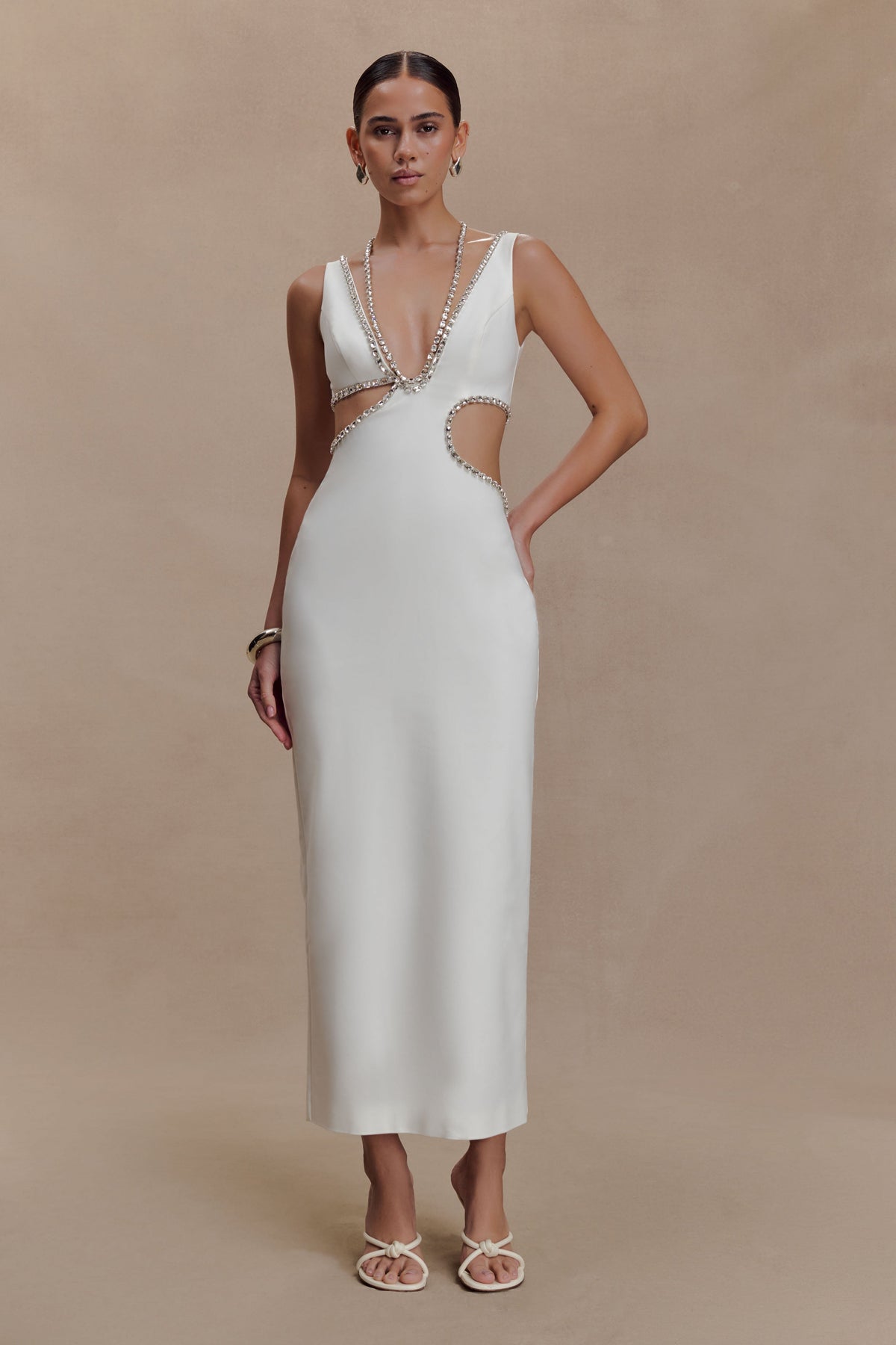 Diamante Trim Cut Out Midi Dress - White