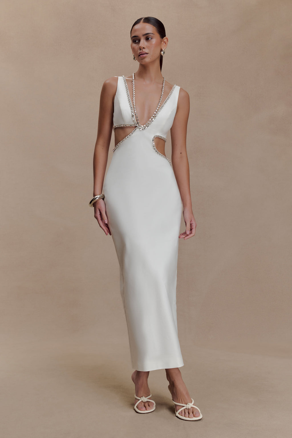 Diamante Trim Cut Out Midi Dress - White