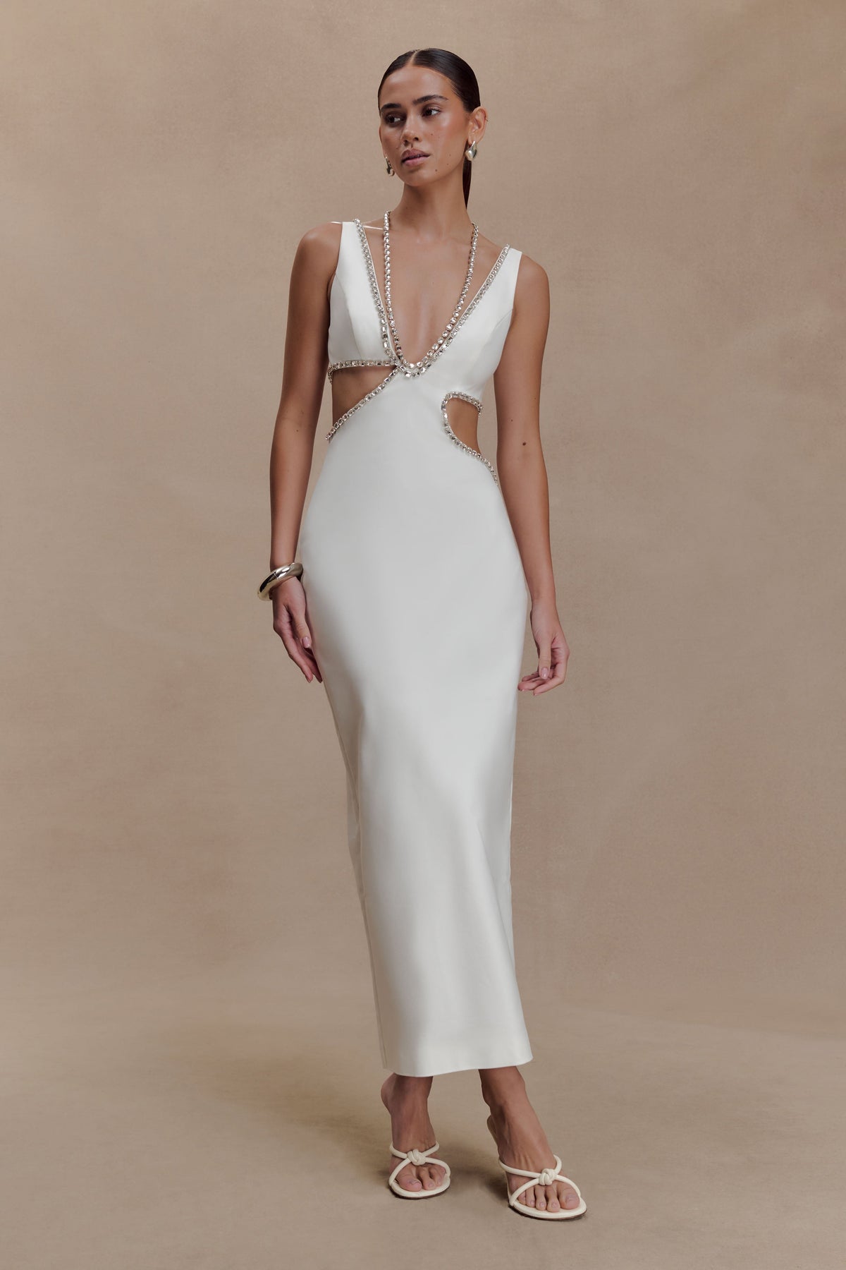 Diamante Trim Cut Out Midi Dress - White
