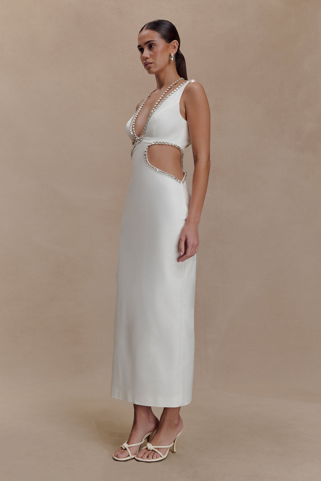 Diamante Trim Cut Out Midi Dress - White