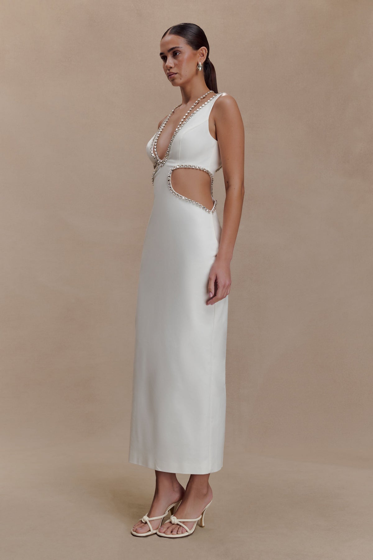 Diamante Trim Cut Out Midi Dress - White