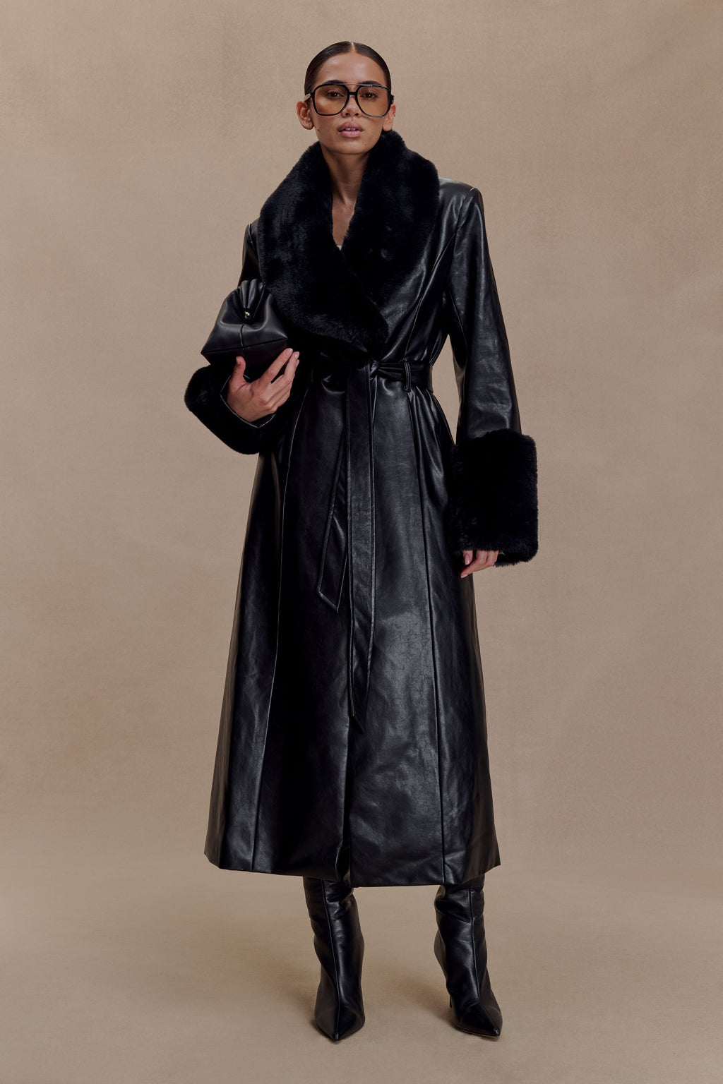 Faux Leather Trench Coat With Faux Fur – Black