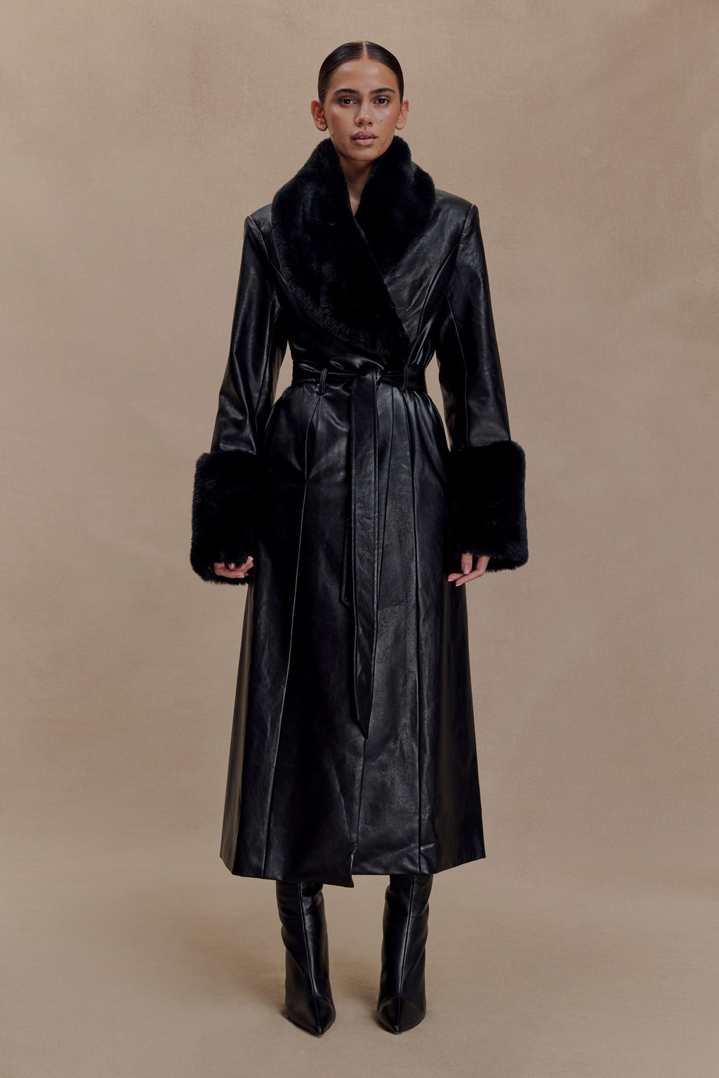 Faux Leather Trench Coat With Faux Fur – Black