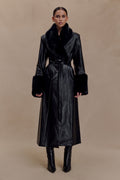 Faux Leather Trench Coat With Faux Fur – Black