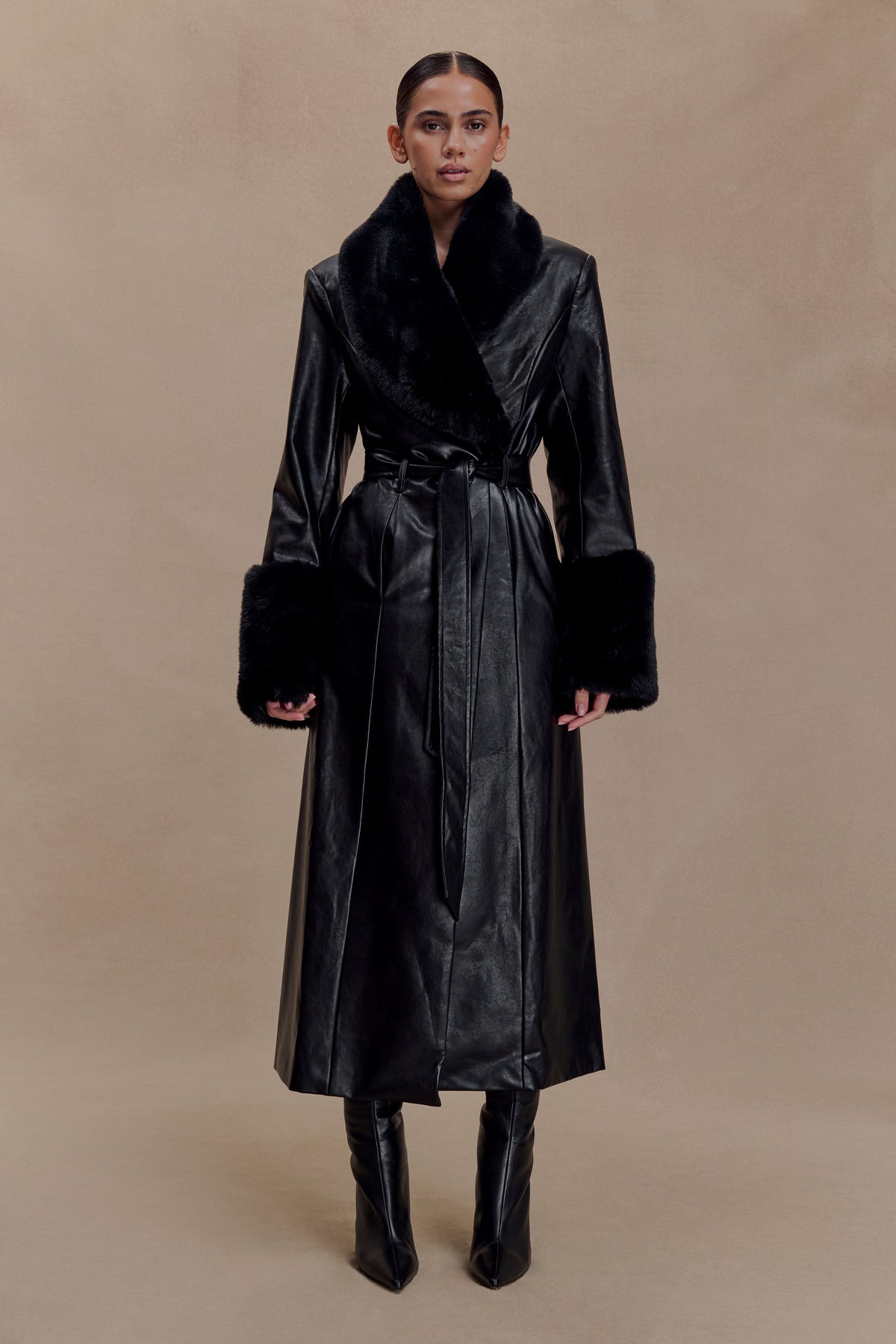 Faux Leather Trench Coat With Faux Fur – Black