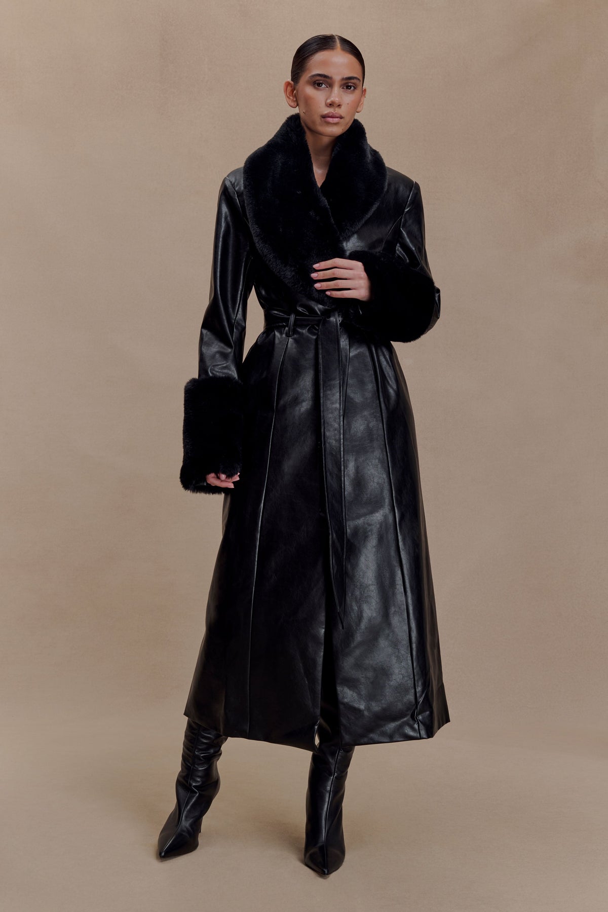 Faux Leather Trench Coat With Faux Fur – Black
