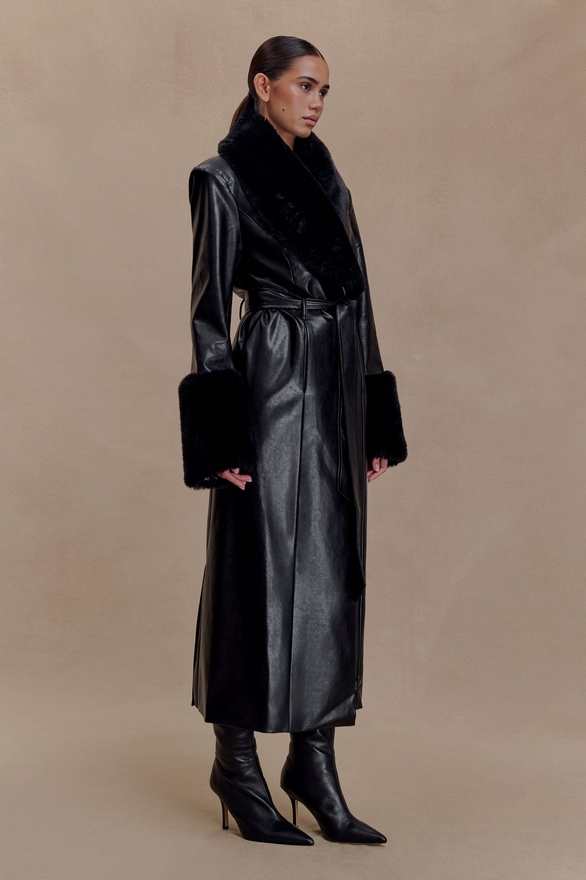 Faux Leather Trench Coat With Faux Fur – Black