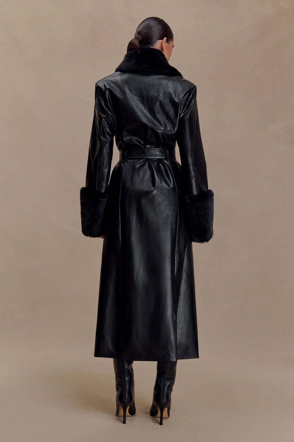 Faux Leather Trench Coat With Faux Fur – Black