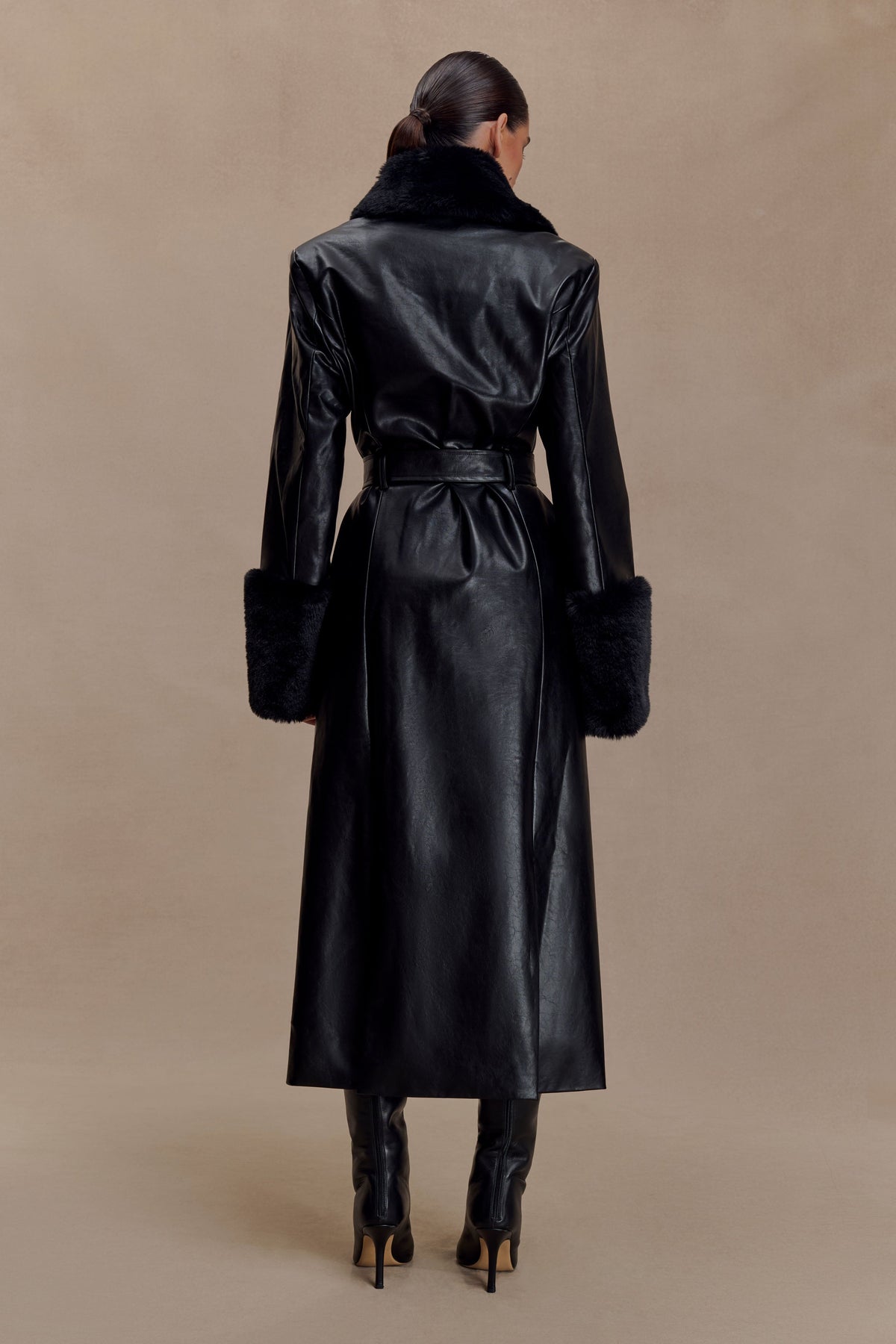 Faux Leather Trench Coat With Faux Fur – Black