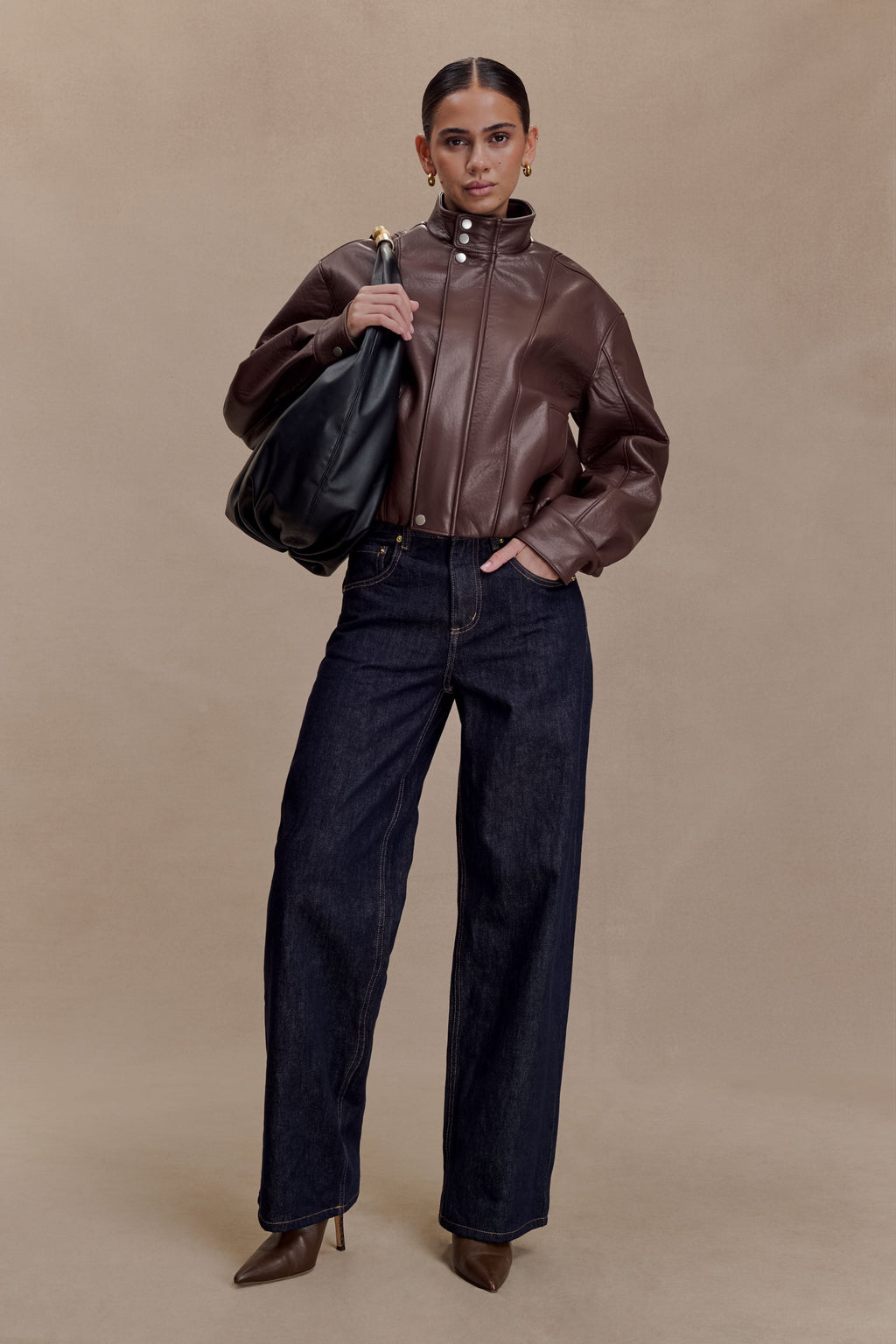 Faux Leather Bomber Jacket - Dark Chocolate