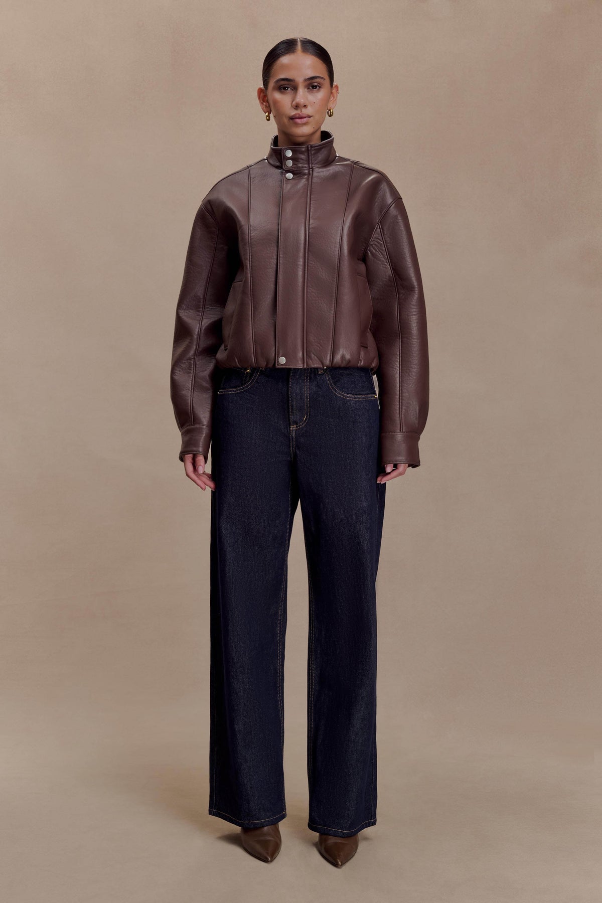 Faux Leather Bomber Jacket - Dark Chocolate