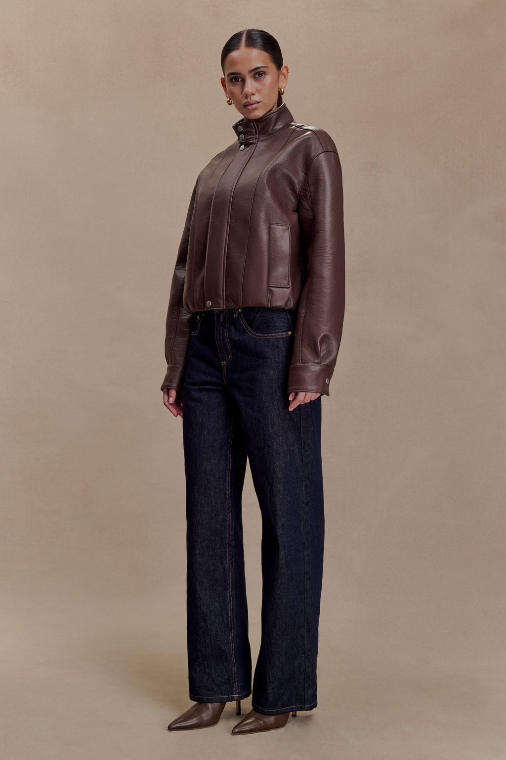 Faux Leather Bomber Jacket - Dark Chocolate