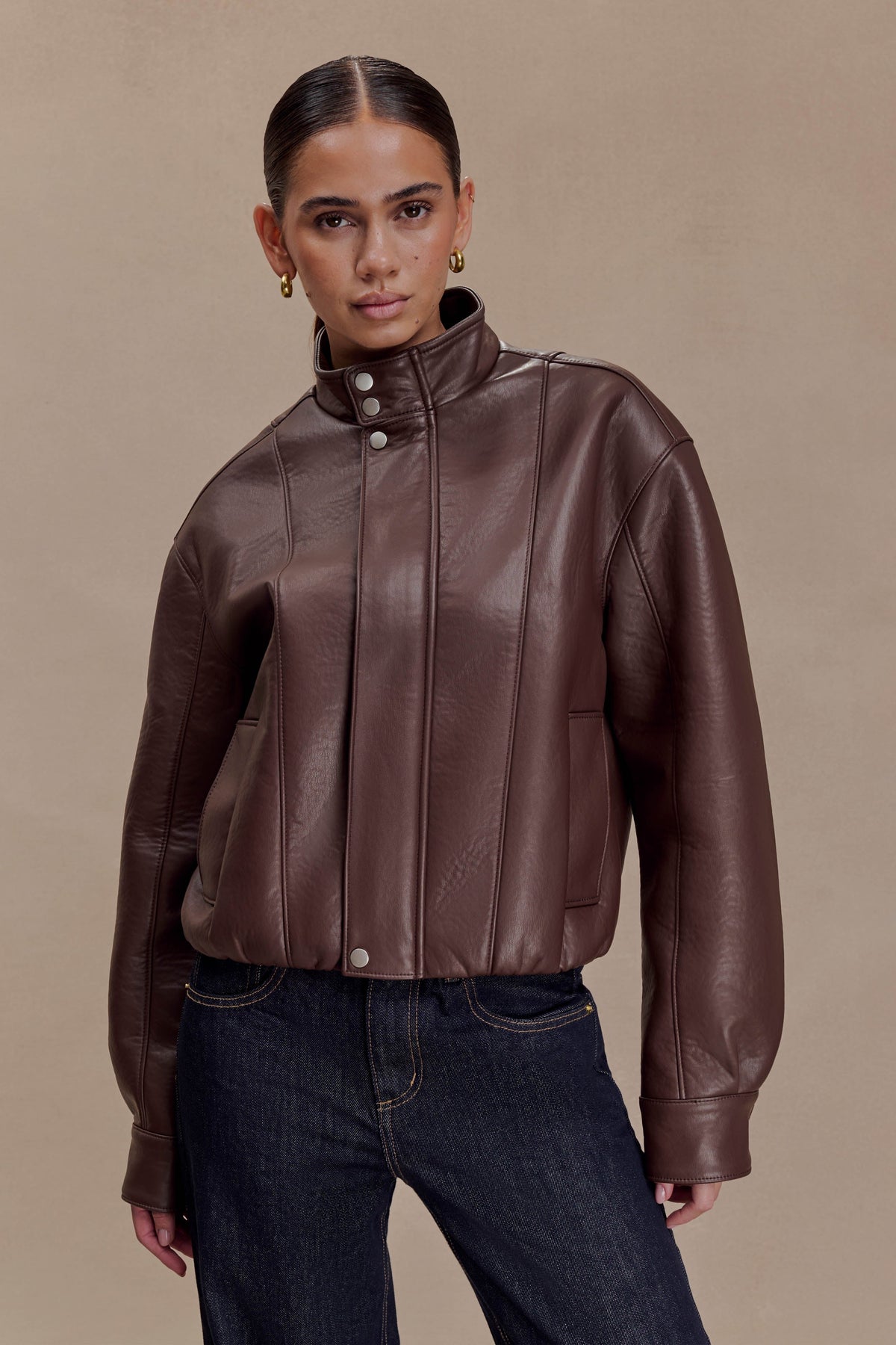 Faux Leather Bomber Jacket - Dark Chocolate