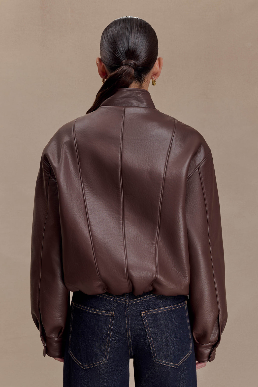 Faux Leather Bomber Jacket - Dark Chocolate