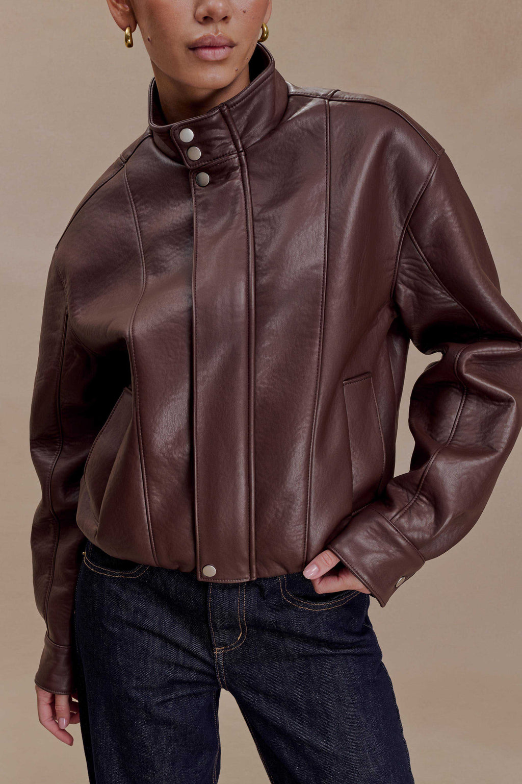 Faux Leather Bomber Jacket - Dark Chocolate