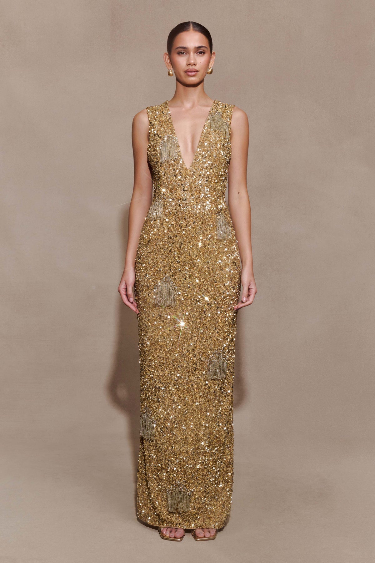 Hand Embellished Maxi Dress - Gold