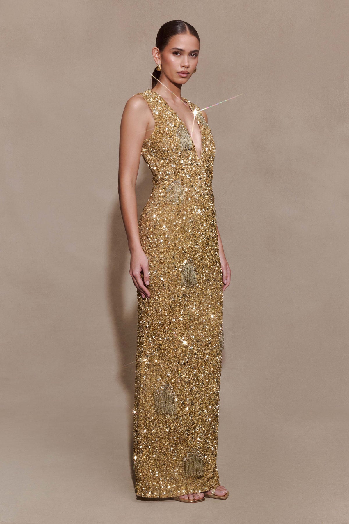 Hand Embellished Maxi Dress - Gold