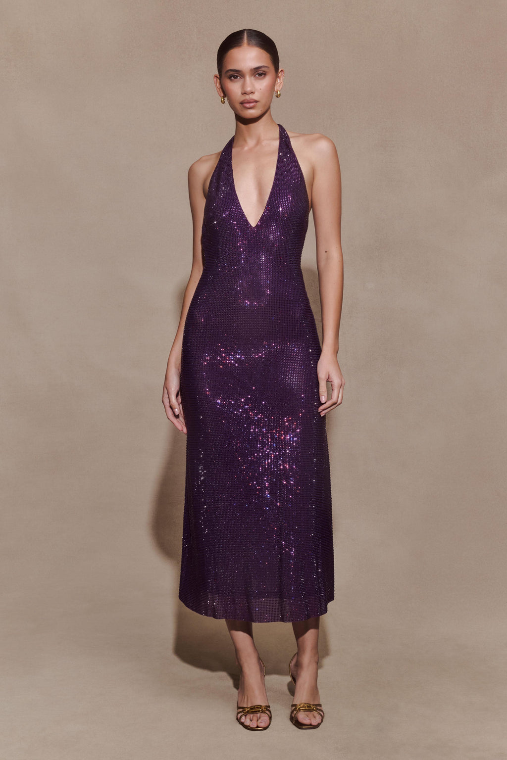 Diamante Halter Midi Dress - Purple