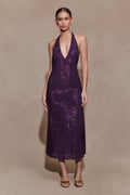 Diamante Halter Midi Dress - Purple