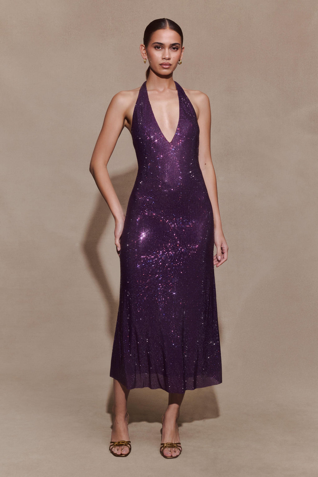 Diamante Halter Midi Dress - Purple