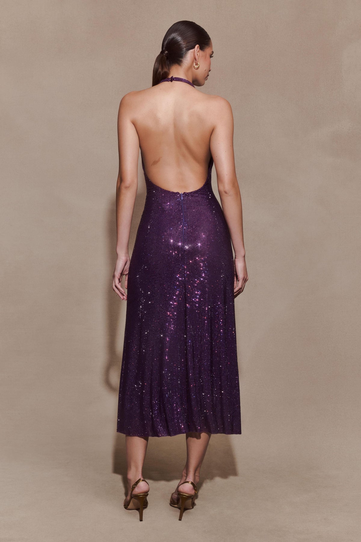 Diamante Halter Midi Dress - Purple