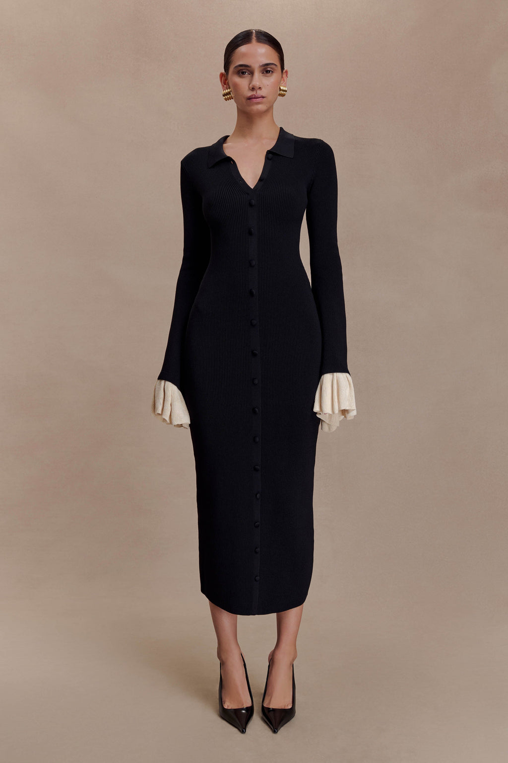 Ruffle Knit Midi Dress - Black