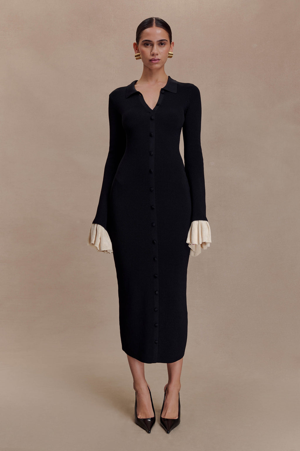Ruffle Knit Midi Dress - Black