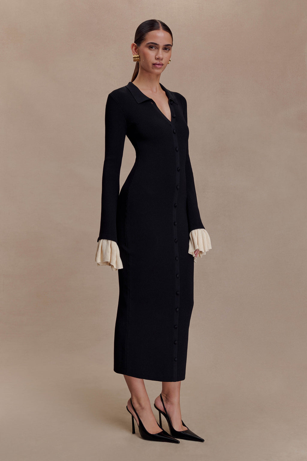 Ruffle Knit Midi Dress - Black