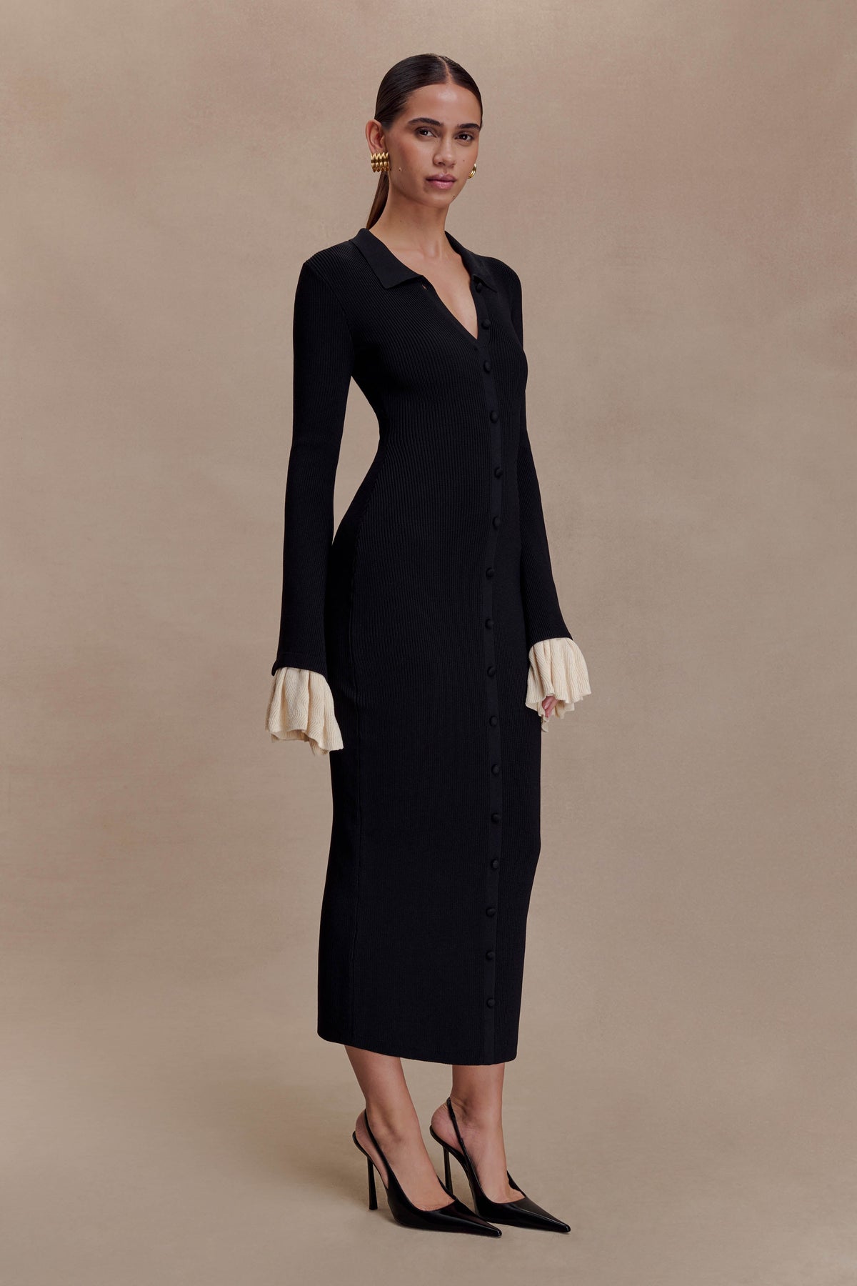 Ruffle Knit Midi Dress - Black