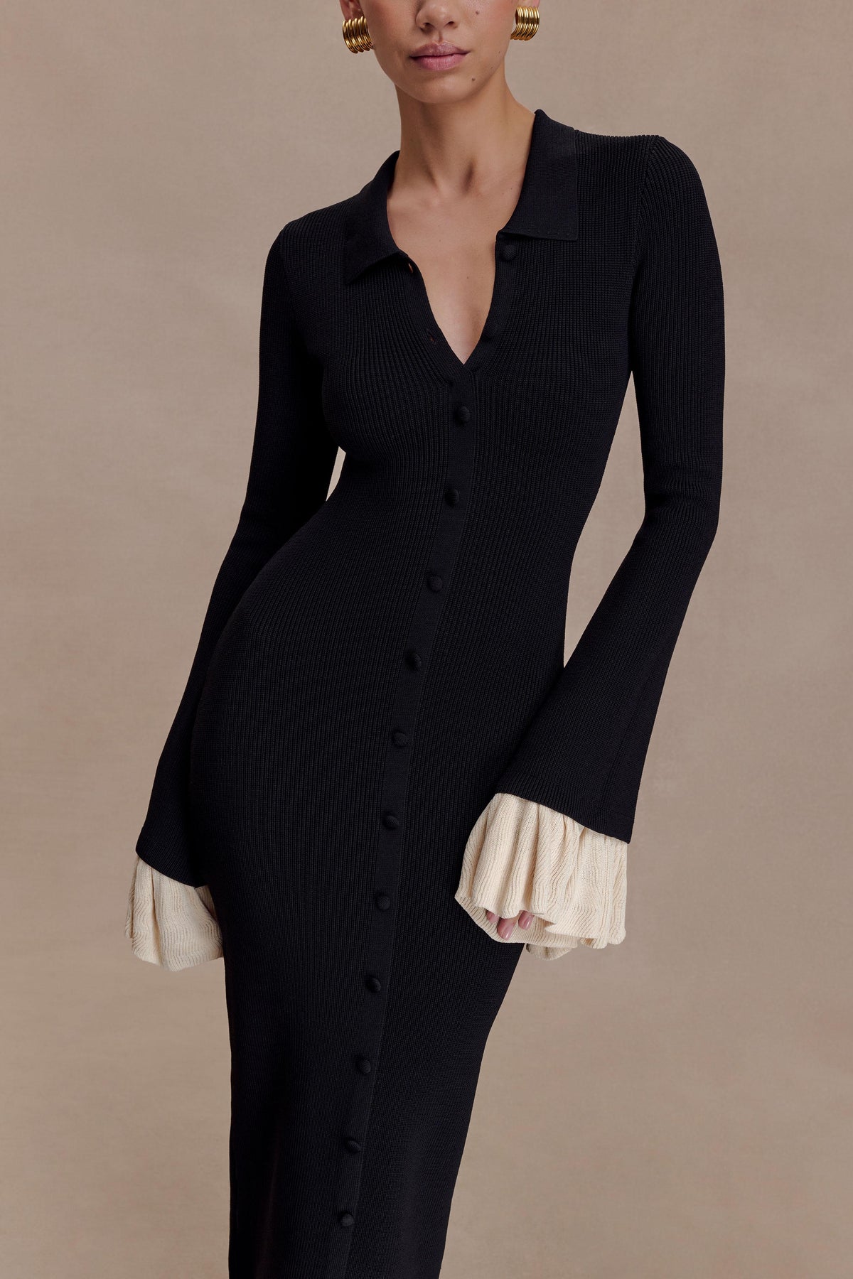 Ruffle Knit Midi Dress - Black