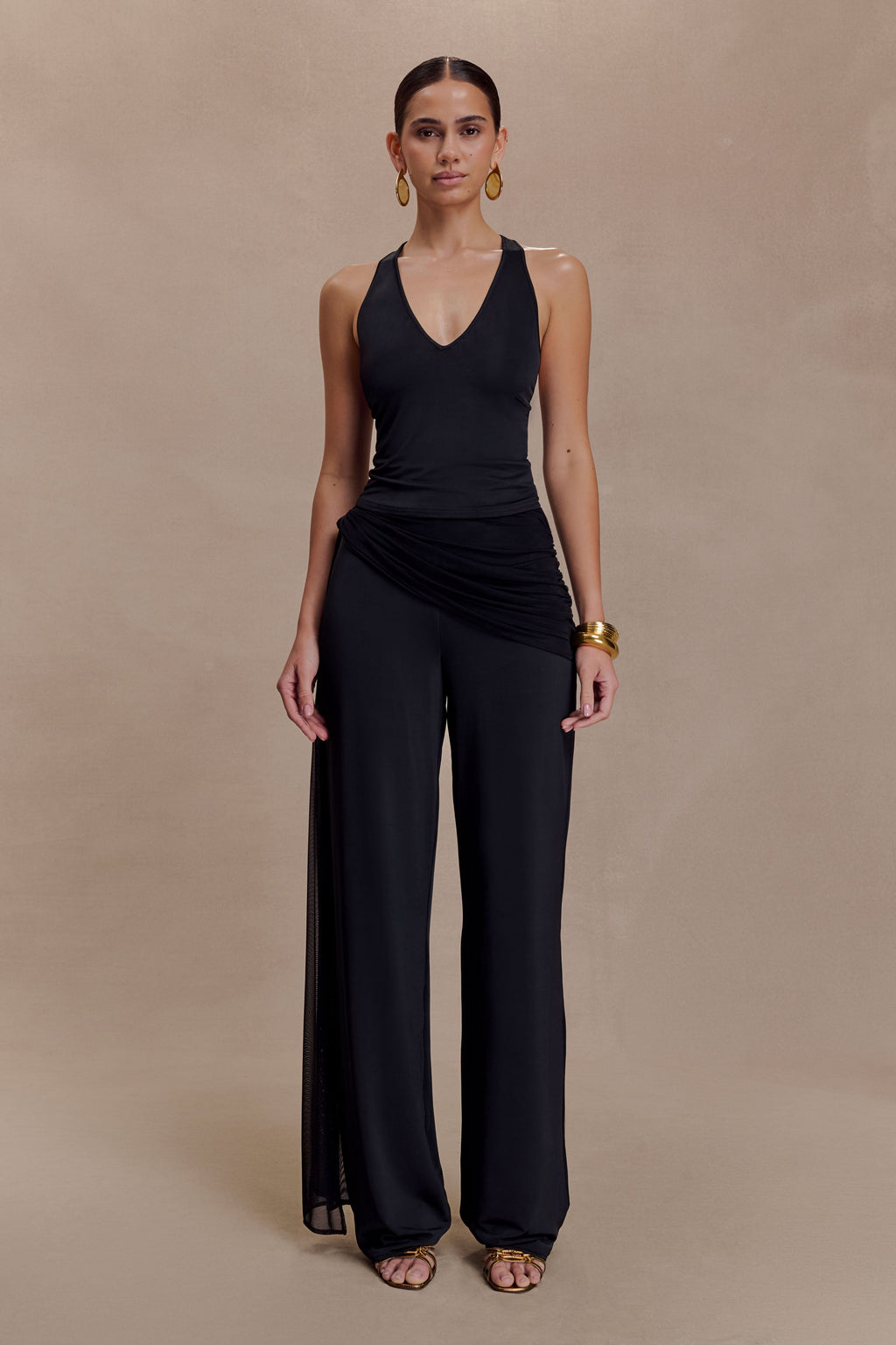 Slinky Gathered Wide Leg Pants - Black