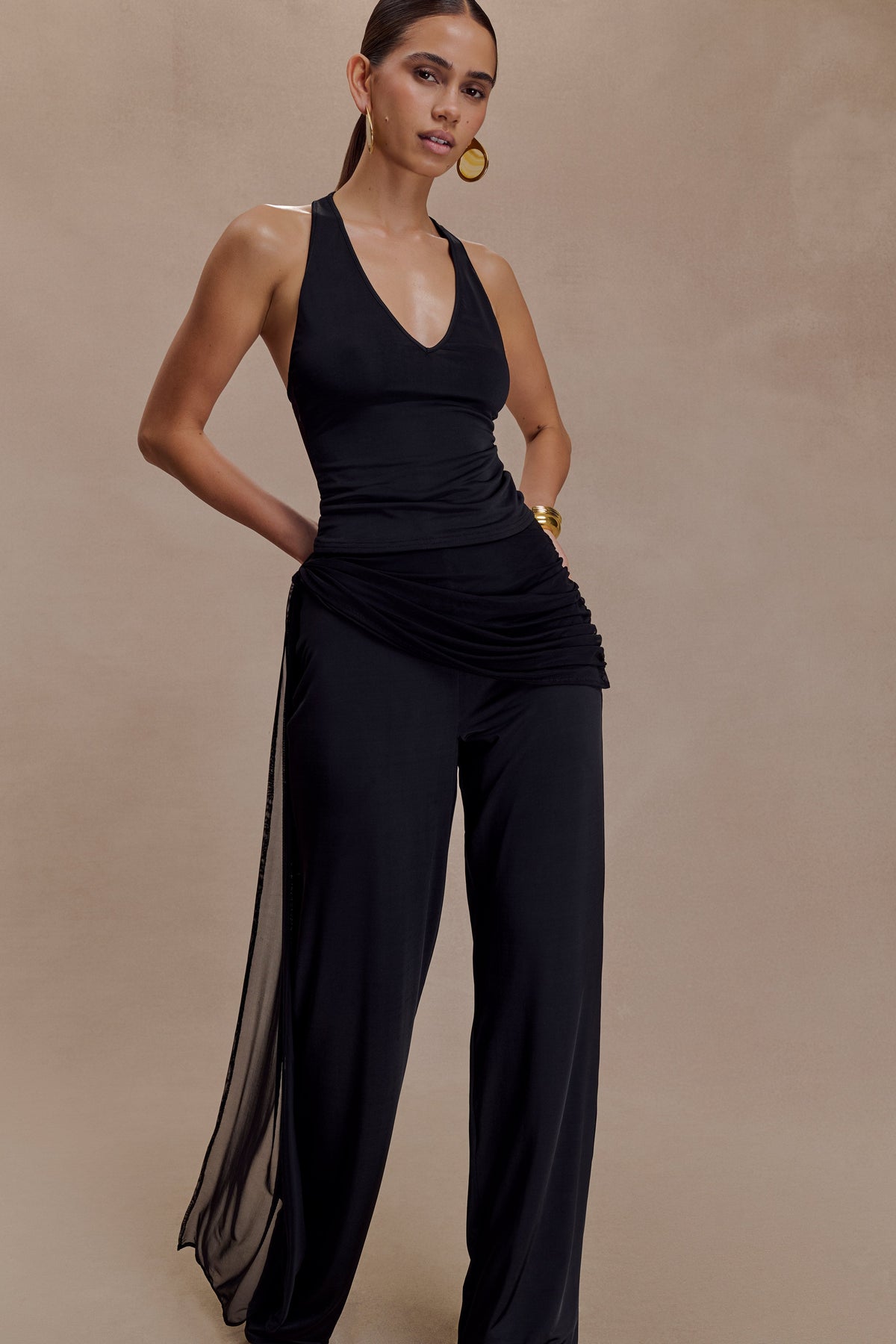 Slinky Gathered Wide Leg Pants - Black