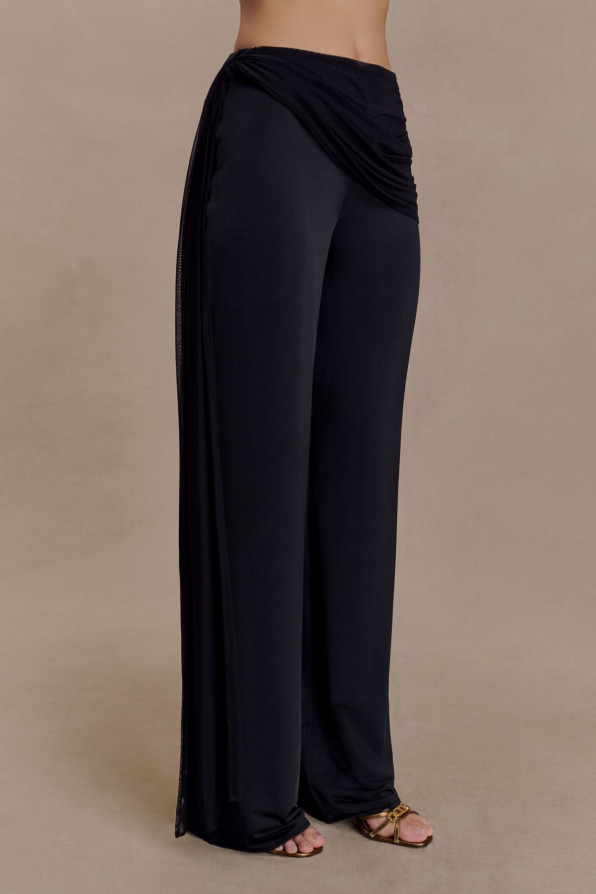 Slinky Gathered Wide Leg Pants - Black