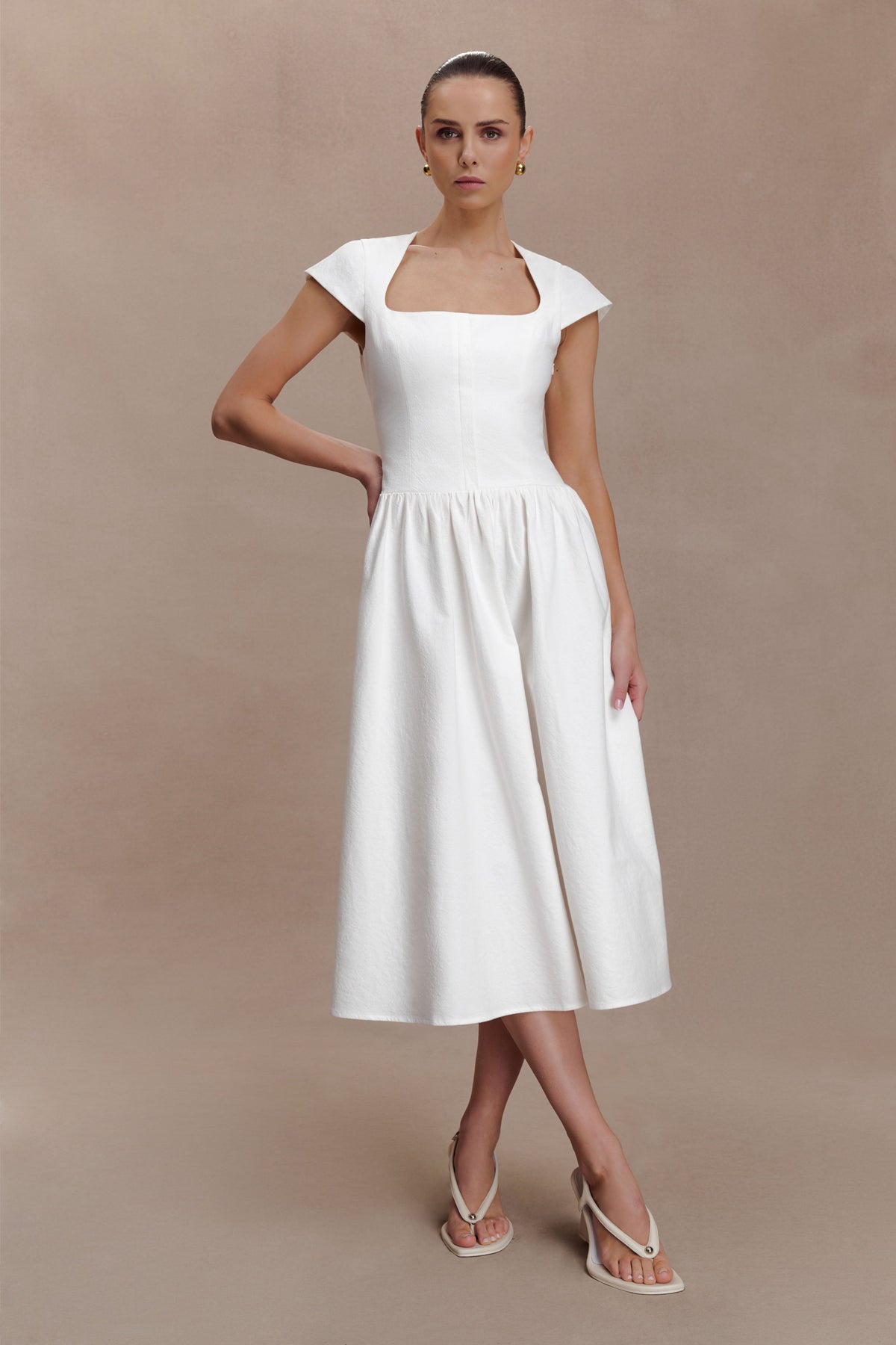 Cotton Fit And Flare Midi Dress - White