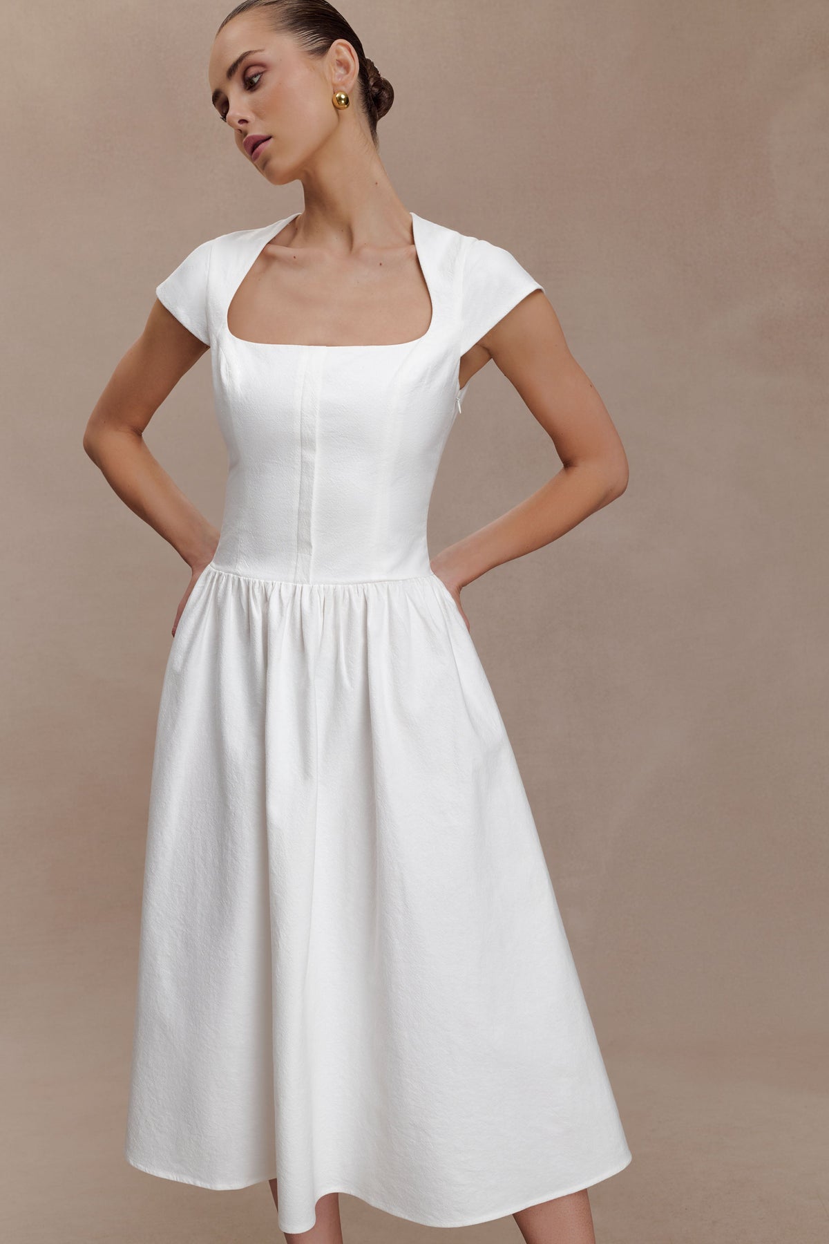 Cotton Fit And Flare Midi Dress - White